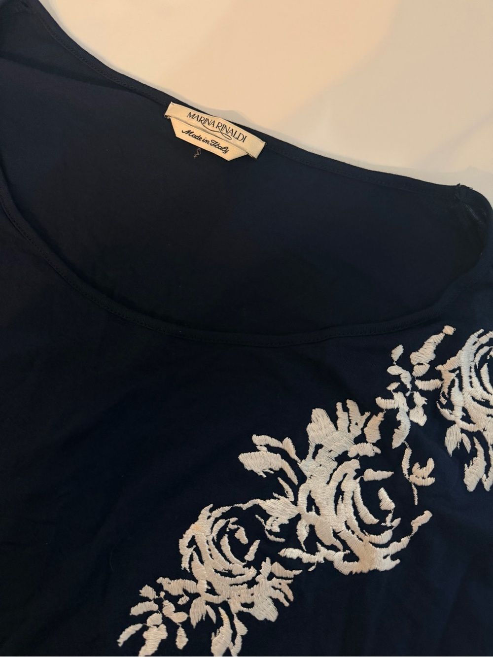 Marina Rinaldi Short Sleeve Tunic Top XL Navy Blue Embroidered Italy